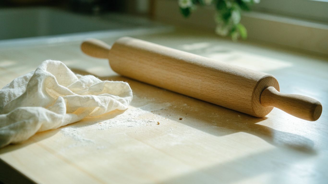 A wooden rolling pin beside a cloth on a kitchen counter