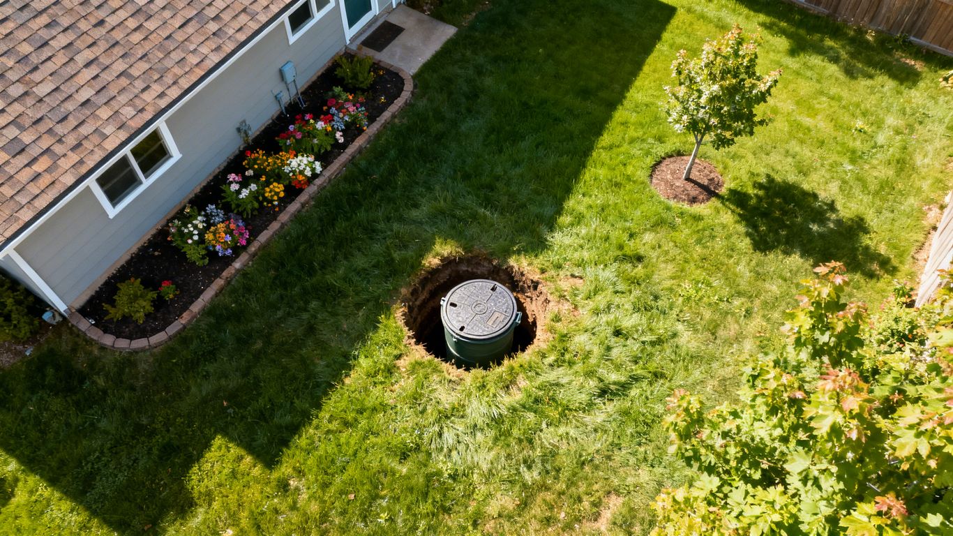 Septic tank lid visible in a grassy backyard.