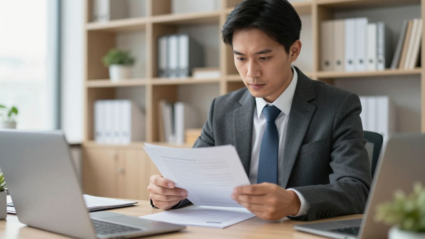 Business professional reviewing documents in modern office