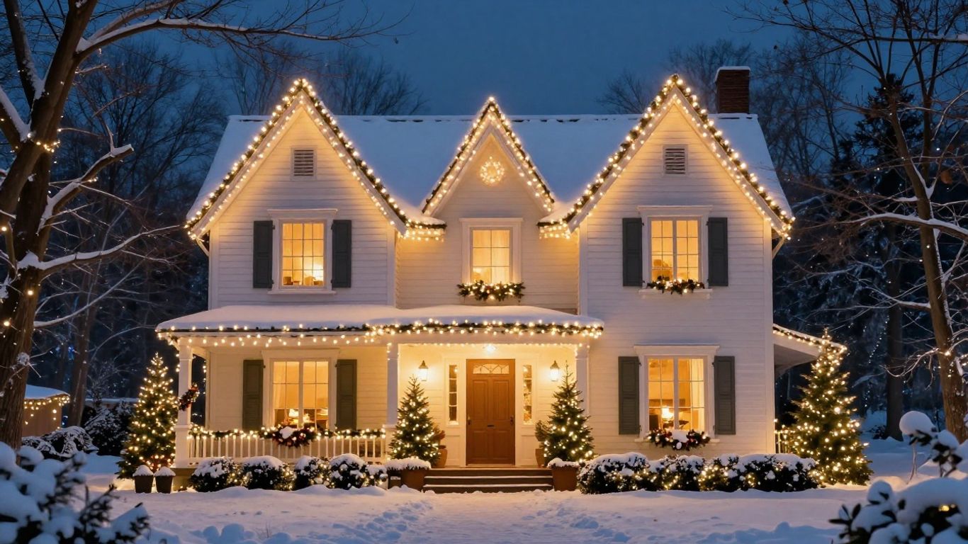Professionally installed Christmas lights on a house at night.