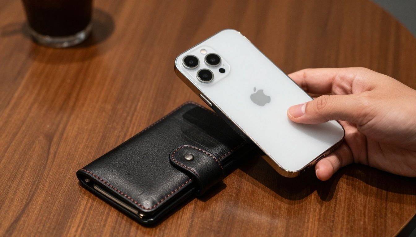 A person in a cafe easily paying for their coffee by tapping their iPhone 16e in a sleek leather wallet case.