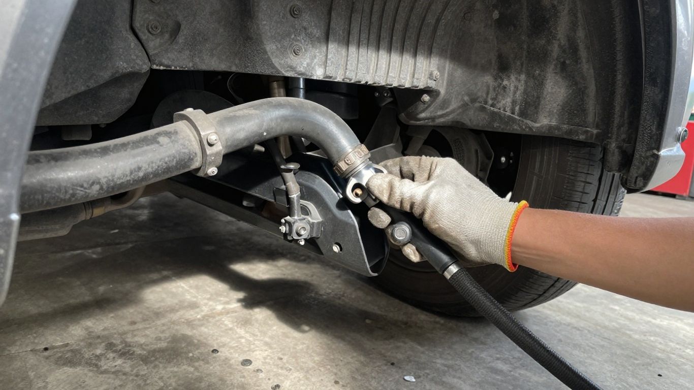 Technician inspecting steering hoses beneath an Audi