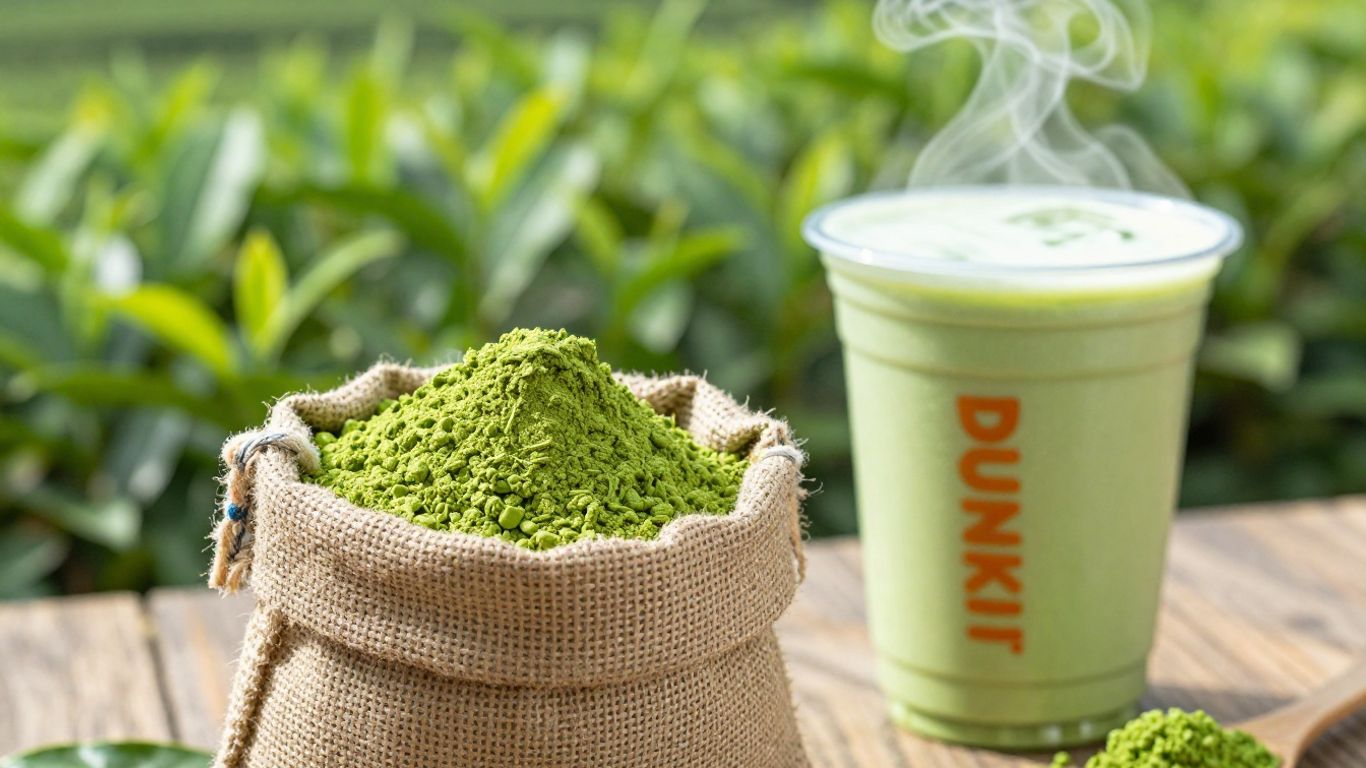 Dunkin' matcha powder and a latte with tea fields.