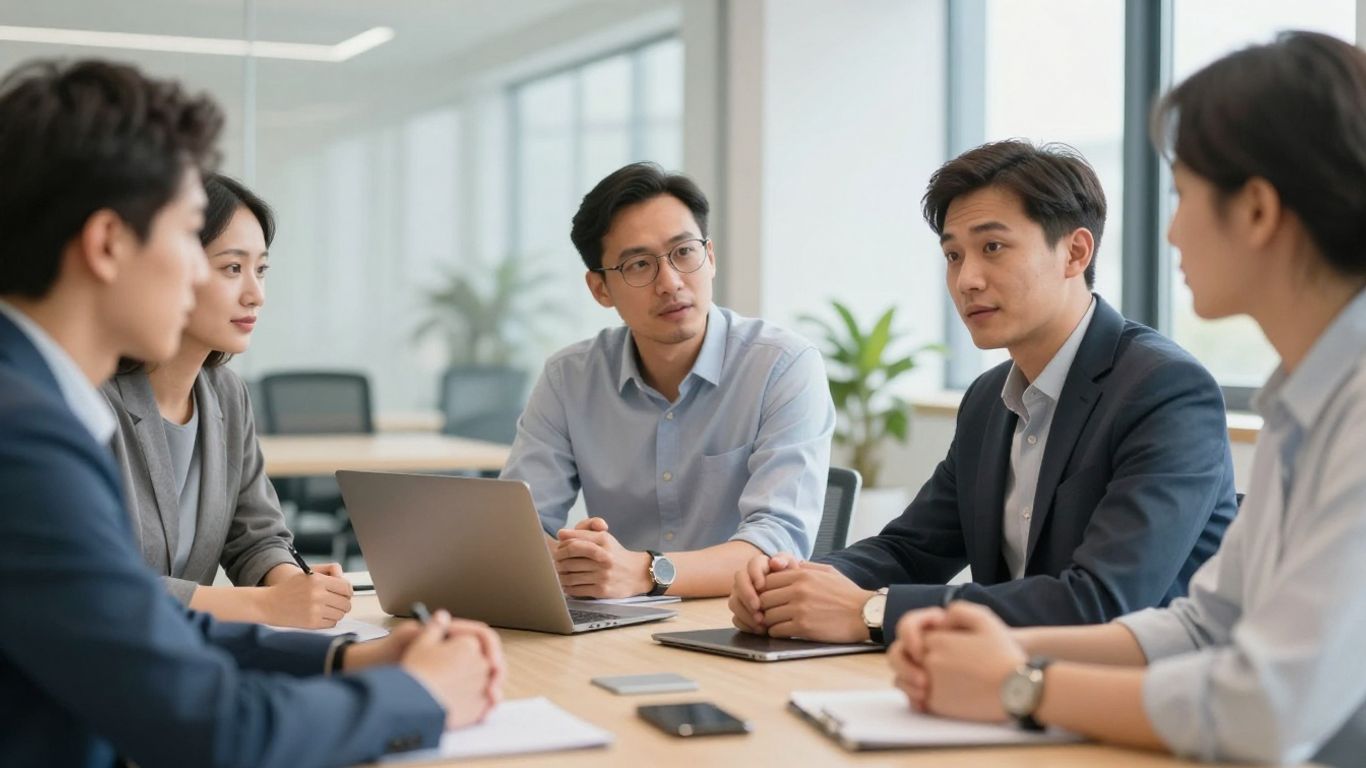 Europäische Kollegen arbeiten gemeinsam an einem Tisch im Büro.