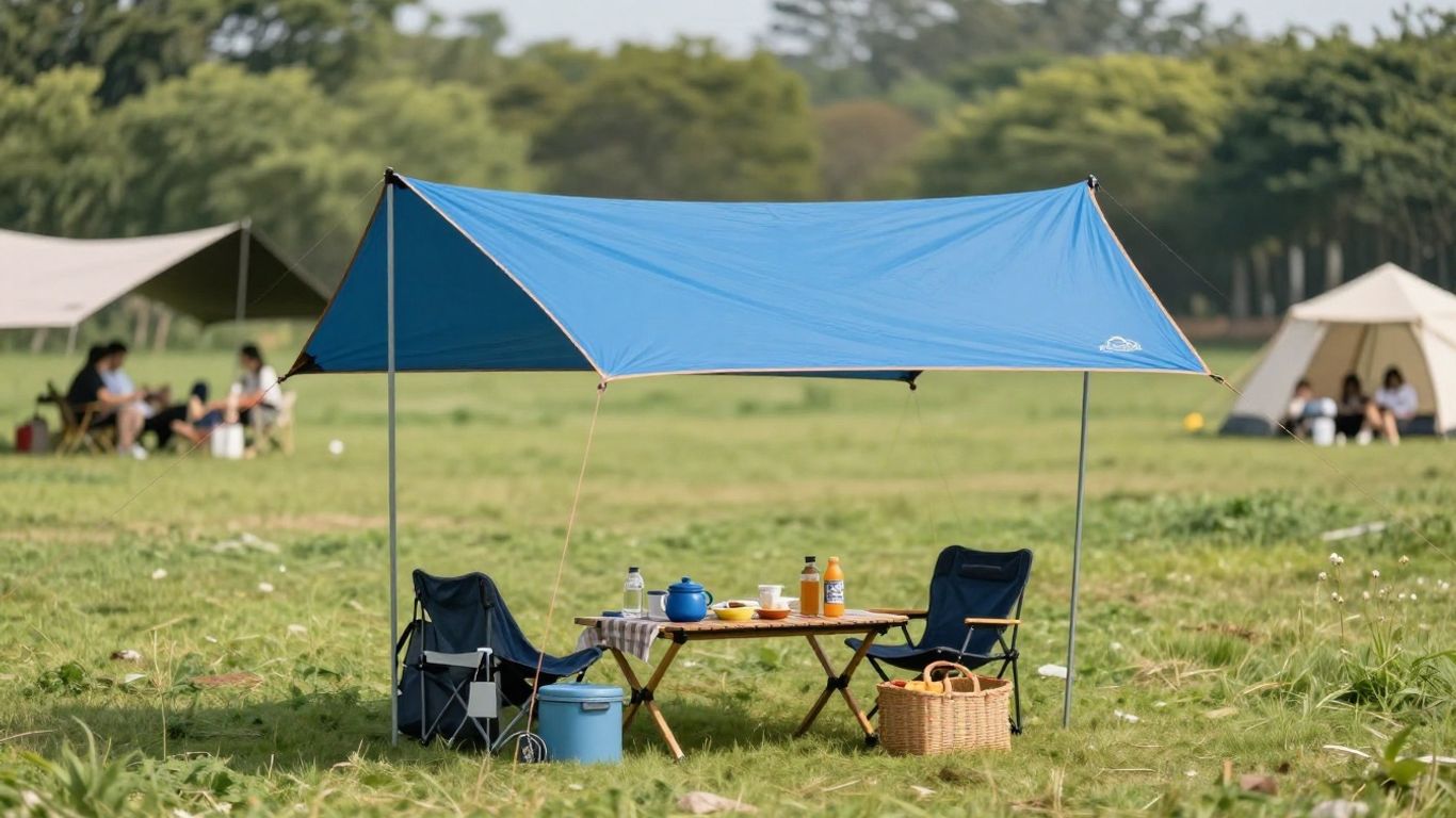 Modern camping canopy set up at sunny field