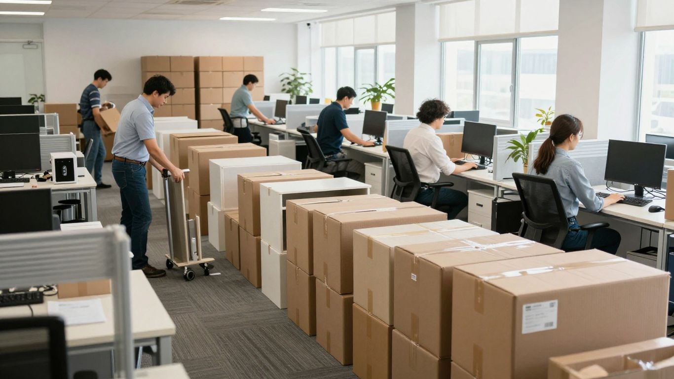 Office move with boxes and employees packing.