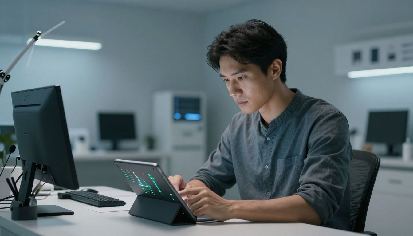 A focused man reviewing his health metrics on a tablet in a modern, well-lit medical office.