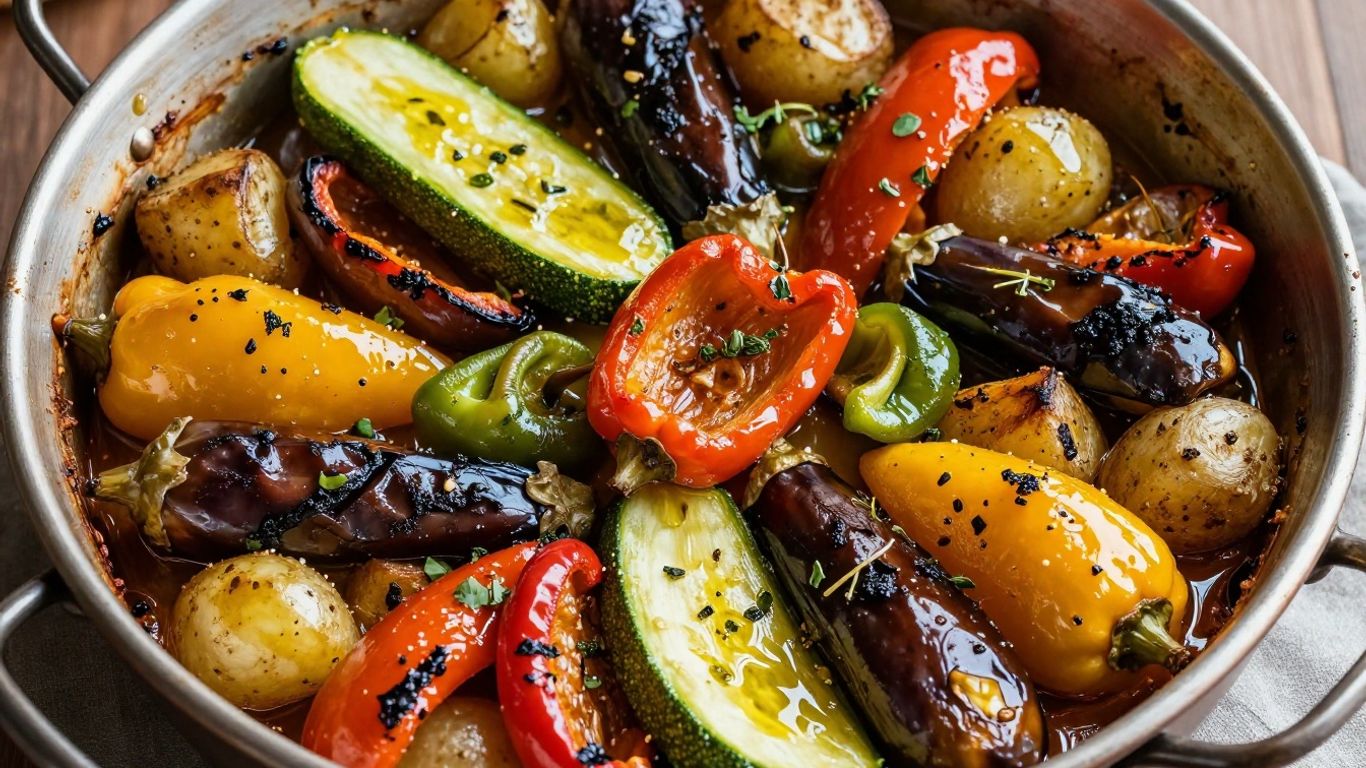 Colorful roasted Greek vegetables in a baking dish.