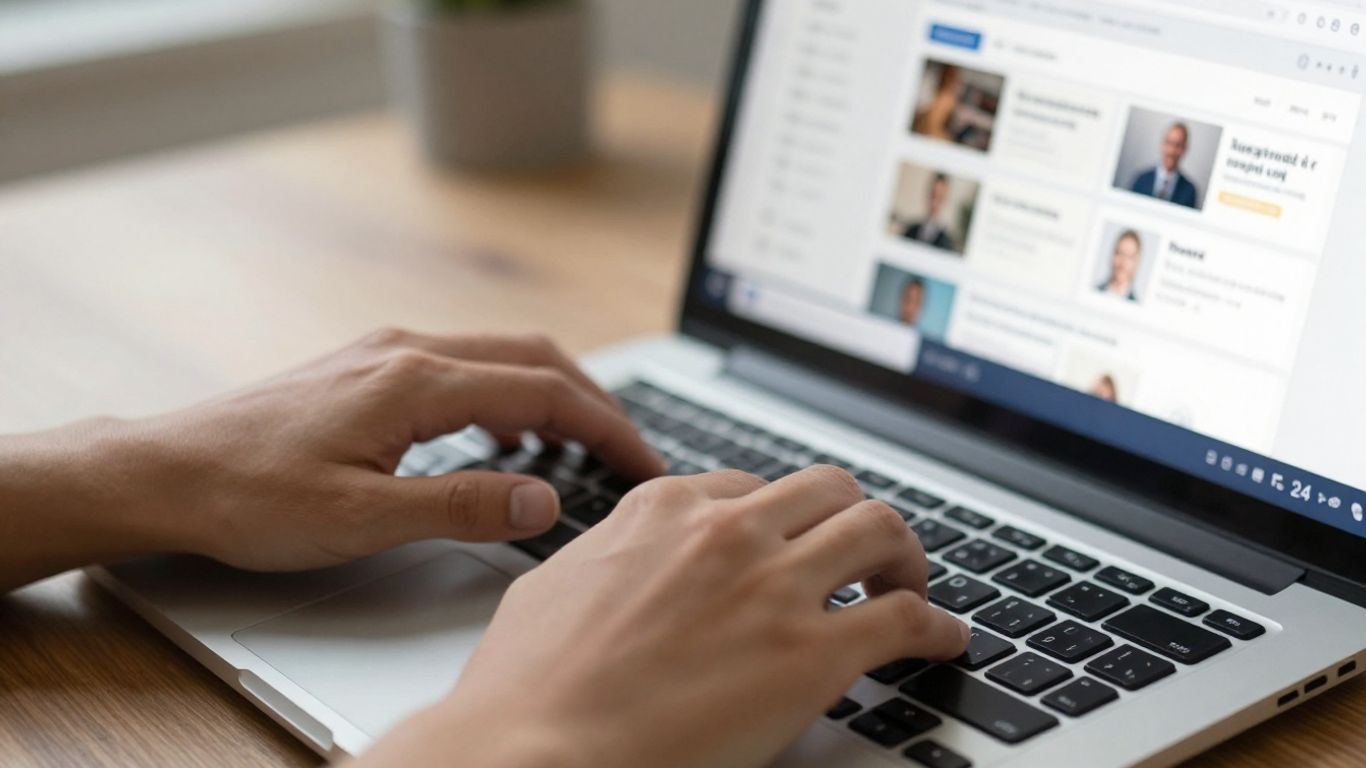 Hands typing on a laptop with social media profiles.