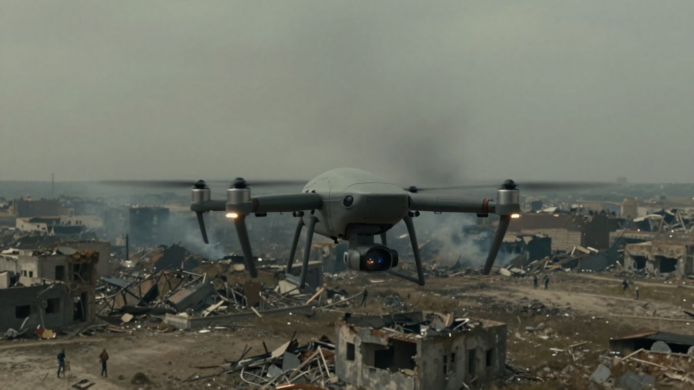 Drone surveying a conflict zone from above.
