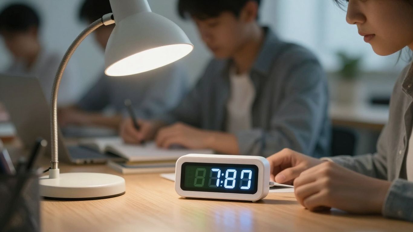 Student studying with a digital timer.