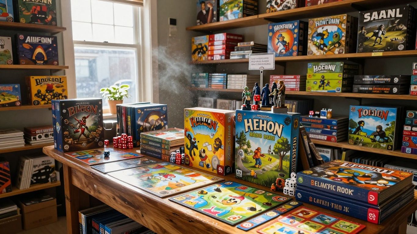 Colorful board games and dice in a local game store.