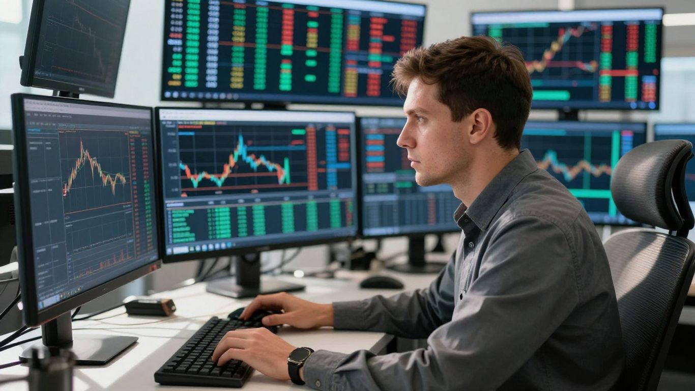 Trader focused on market data on multiple screens.