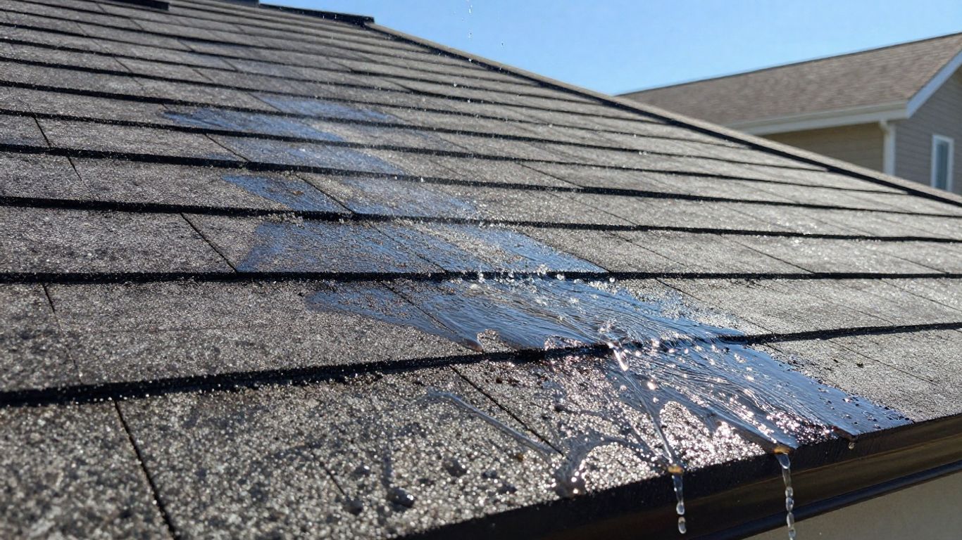 Clean roof shingles after soft washing in summer heat.