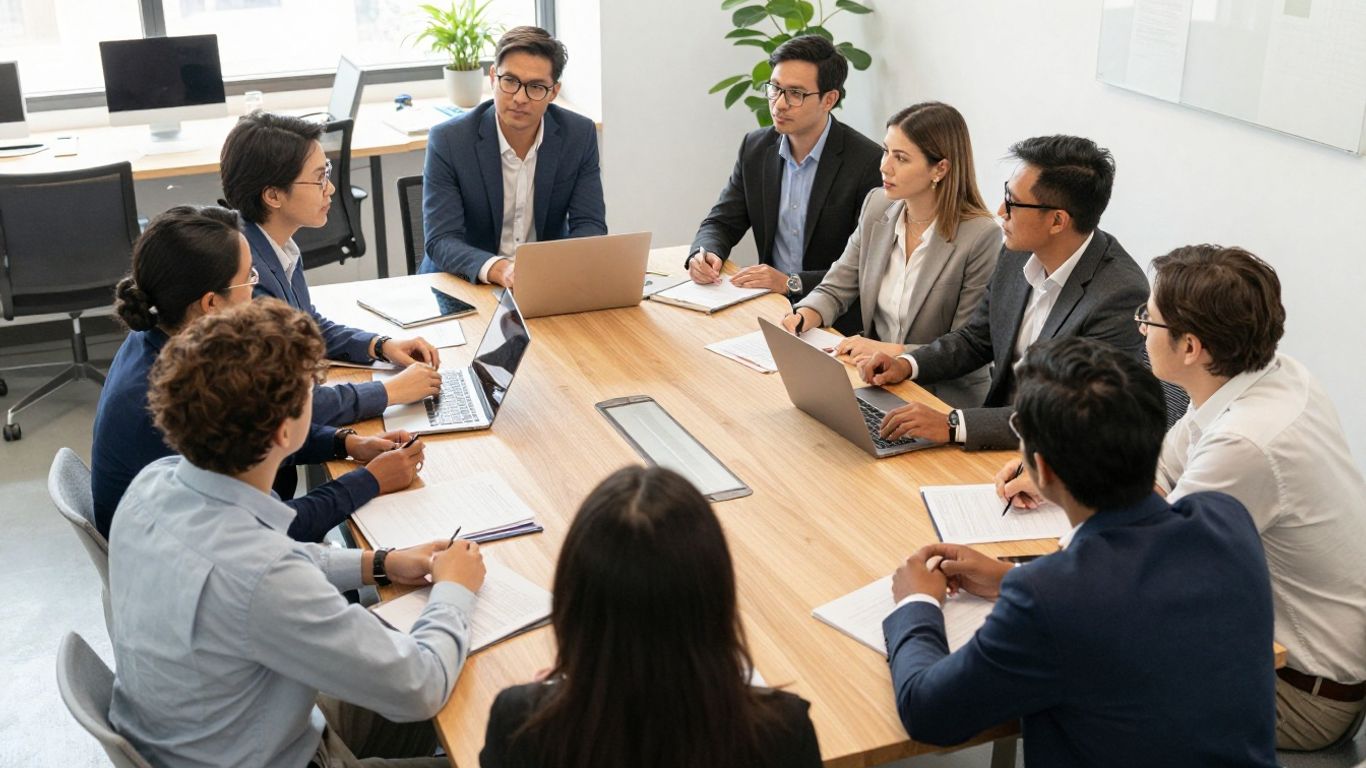 Fotografía de un grupo de personas colaborando en una mesa de madera