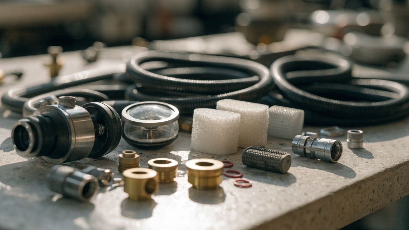 Replacement motorhome parts arranged on a clean workbench