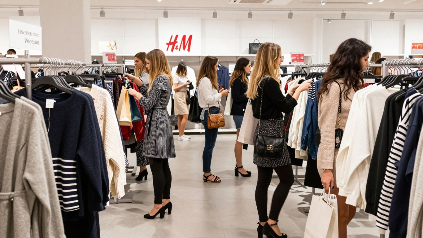 Women shopping stylishly at H&M store during sales