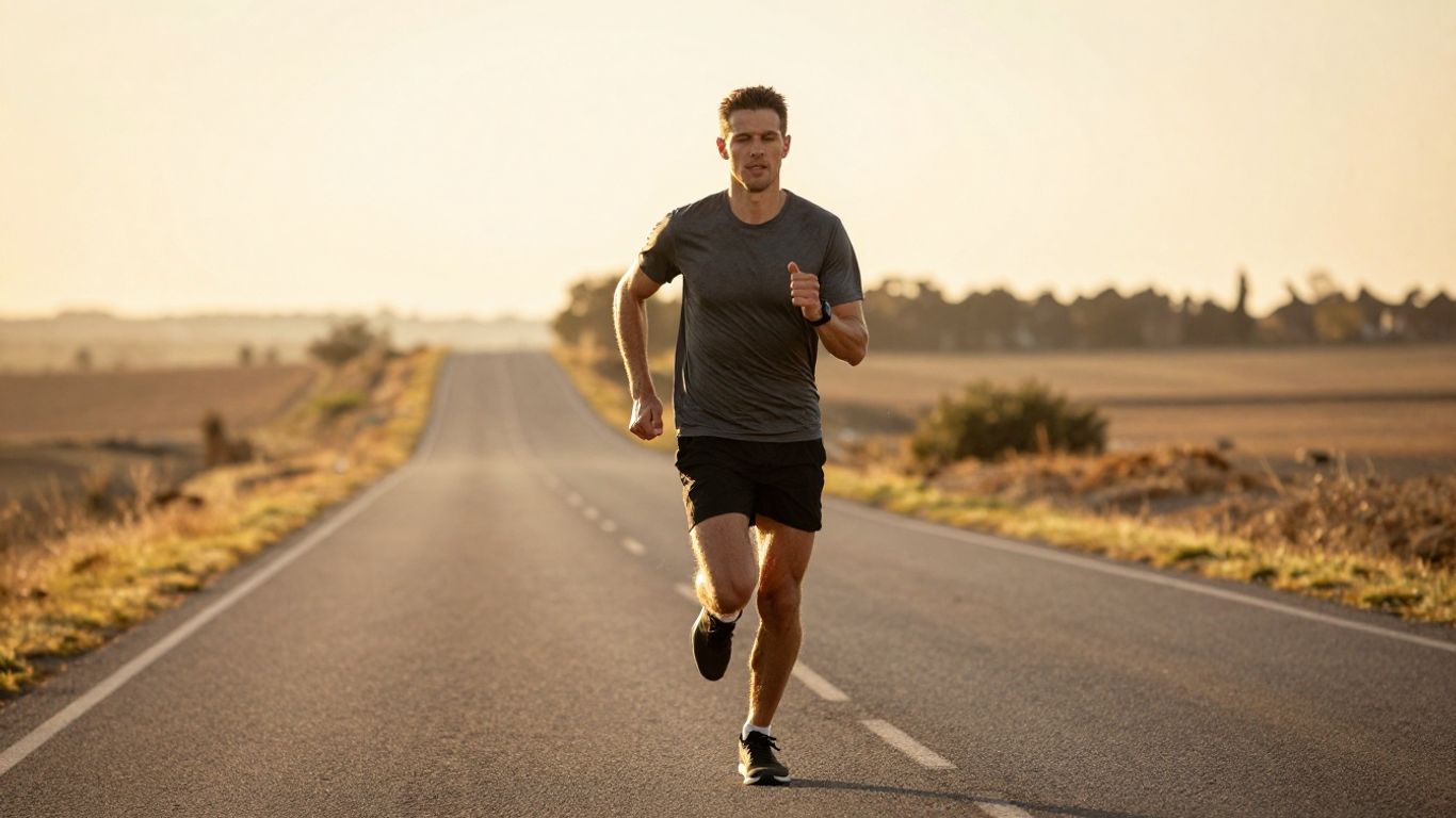 Runner sprinting on a scenic road during golden hour.