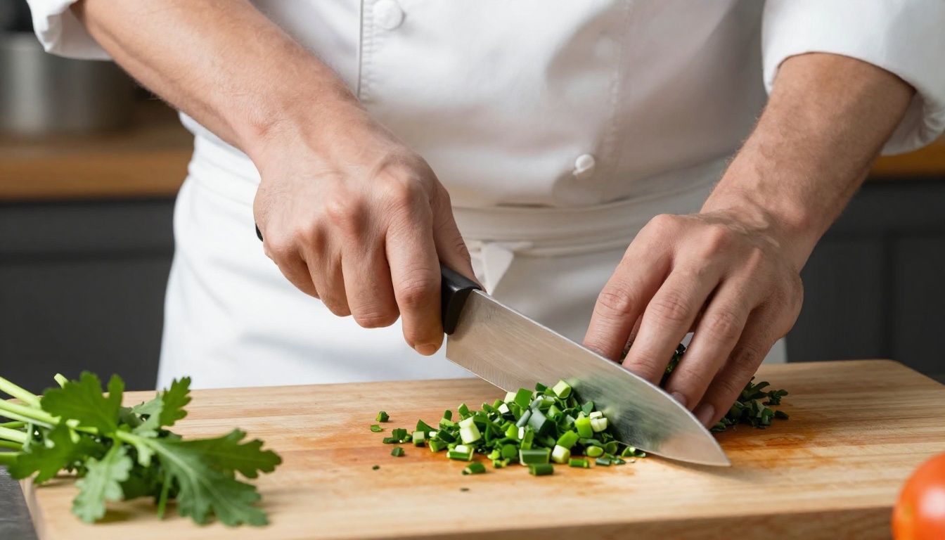 A chef demonstrating the proper rock-chop technique with a chef knife on a cutting board filled with chopped herbs.