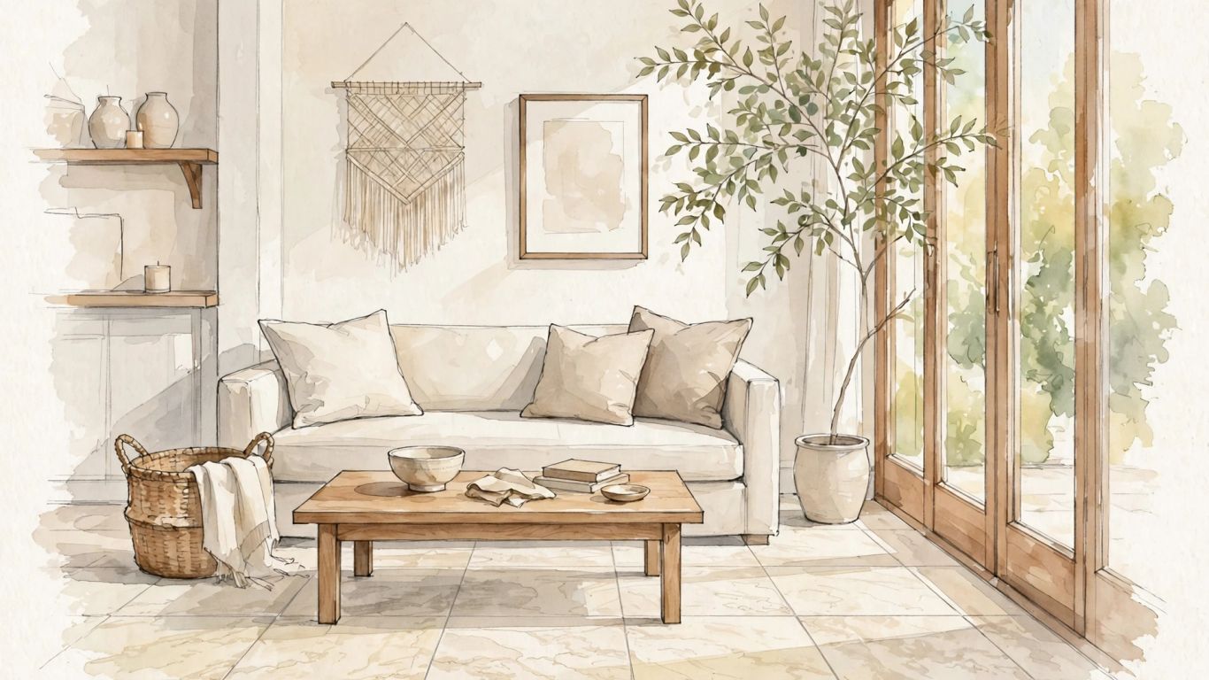 Illustrative ivory travertine interior with soft natural veining