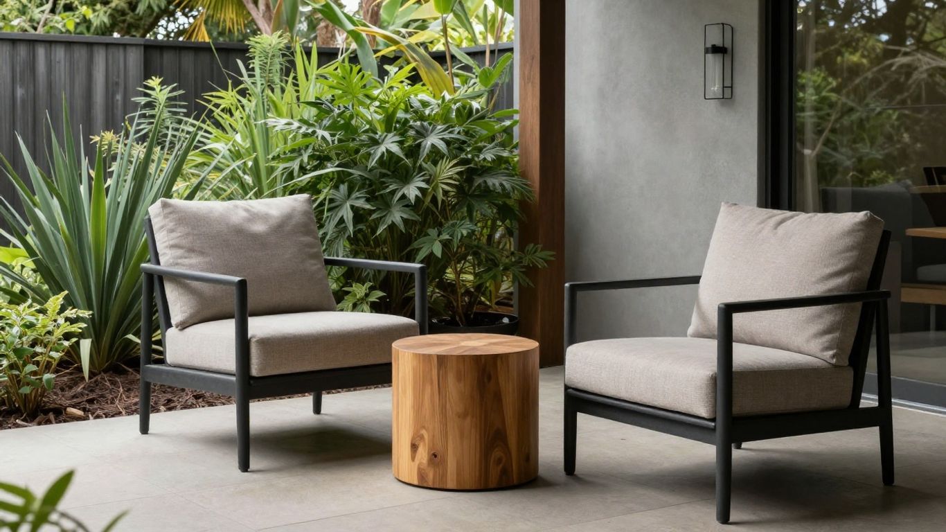 Comfortable outdoor chairs with neutral cushions and greenery