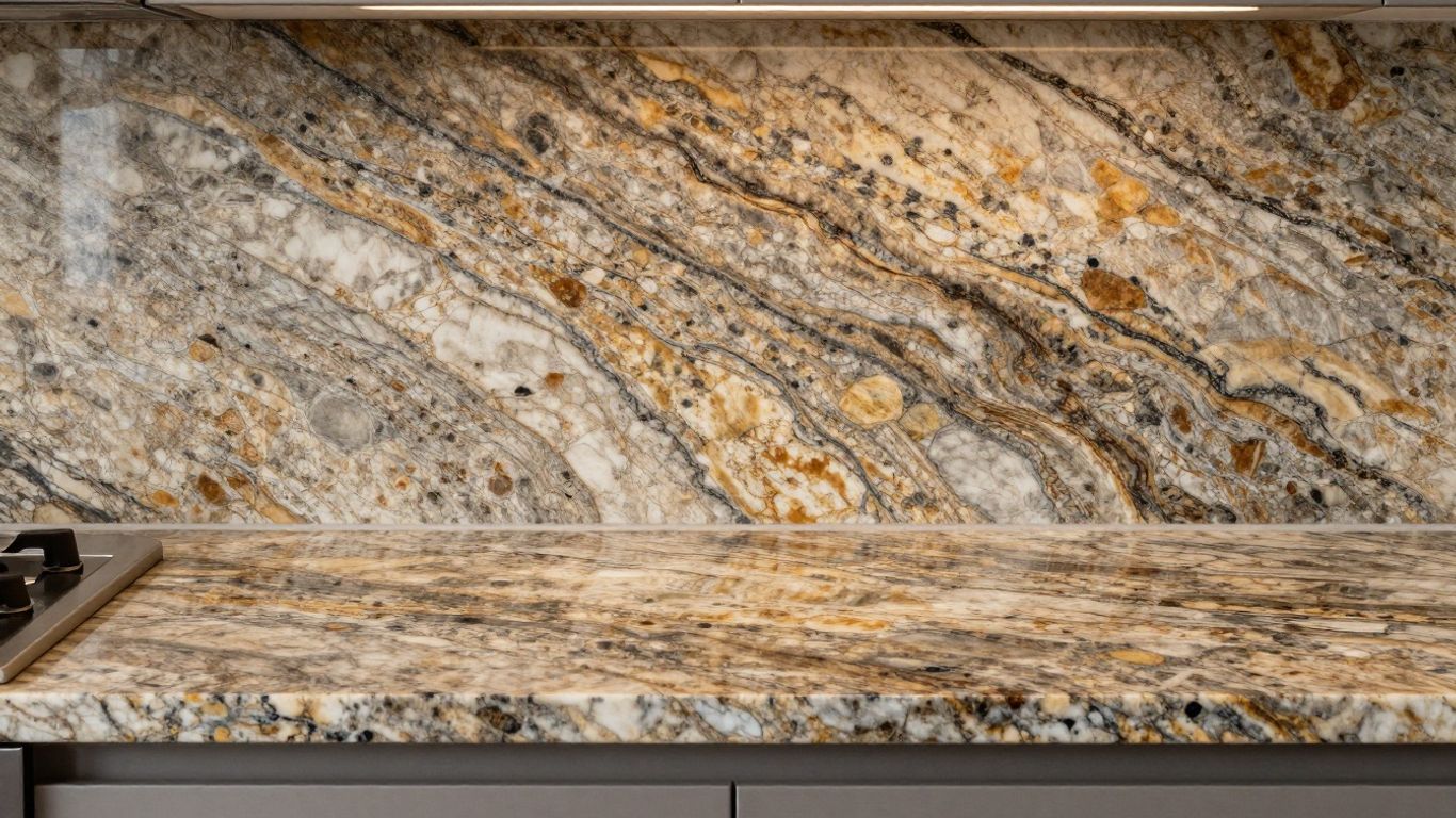 Granite countertops and backsplash in a modern kitchen.