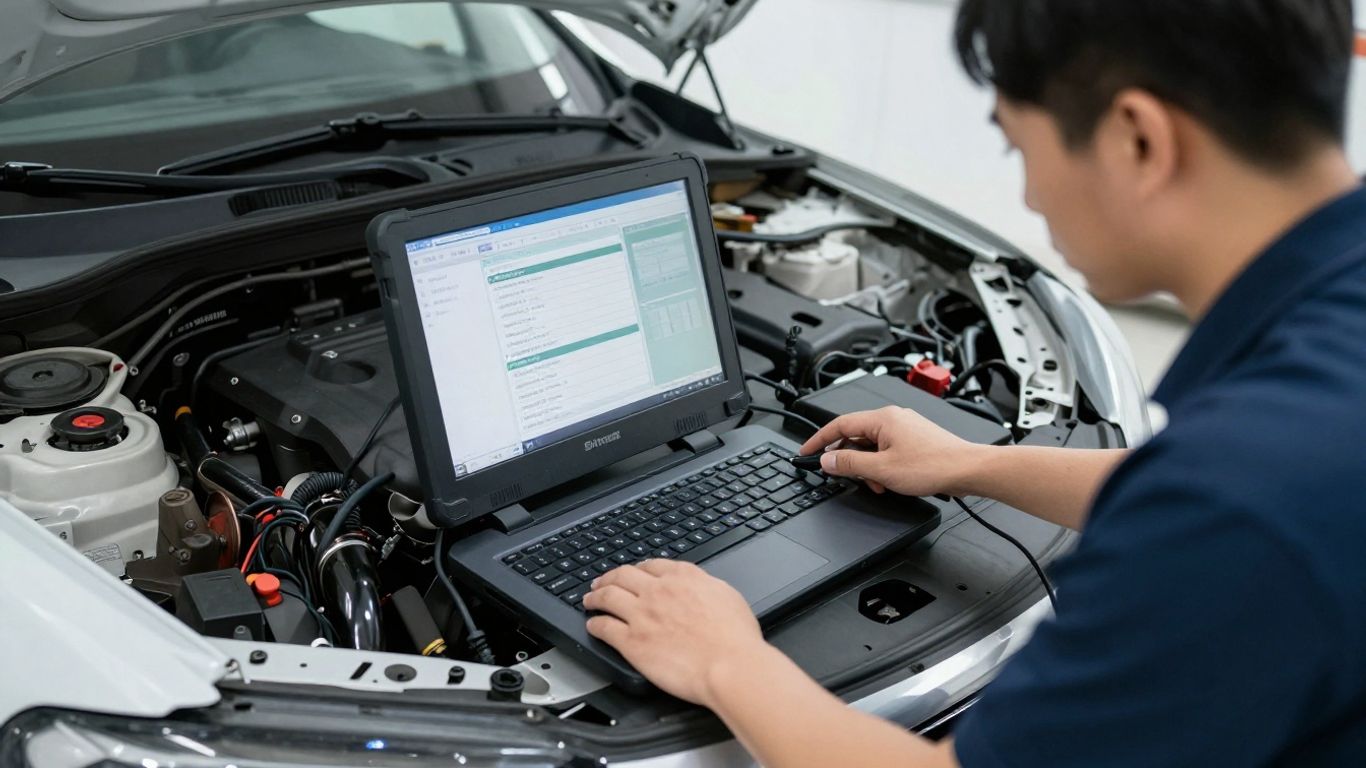Mechaniker prüft den Motorraum eines gebrauchten Fahrzeugs