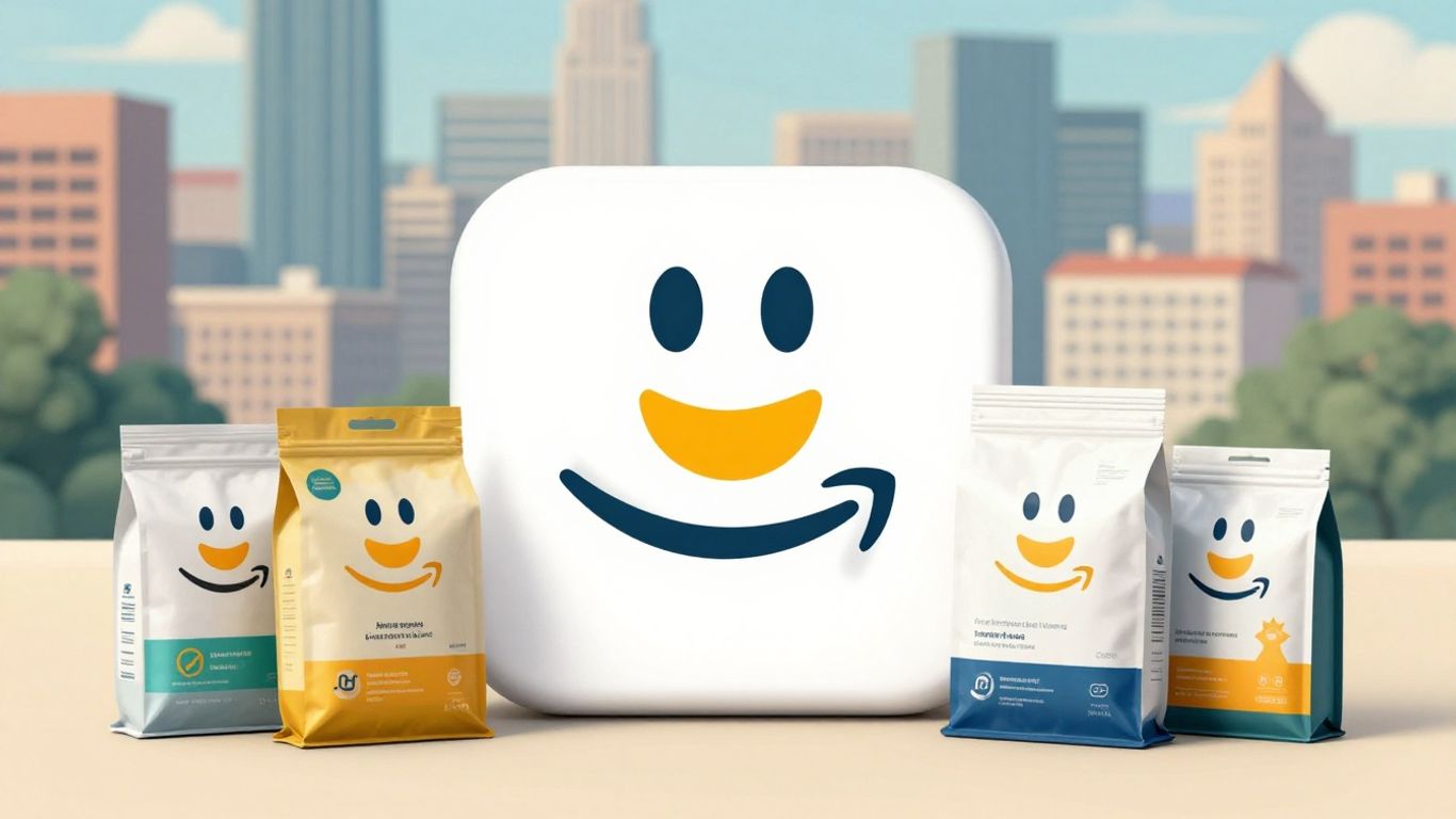 Amazon logo with products and cityscape background.