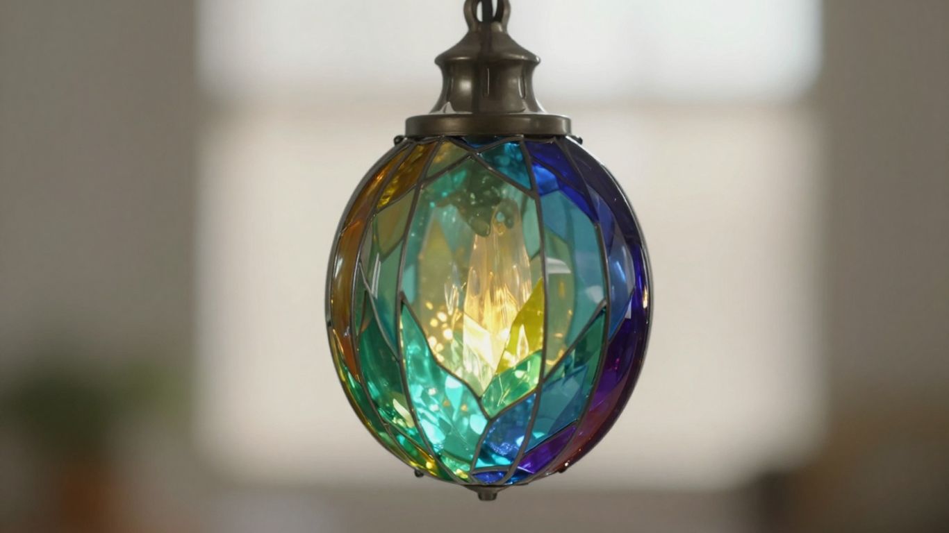 Vibrant coloured glass pendant light casting colourful patterns.
