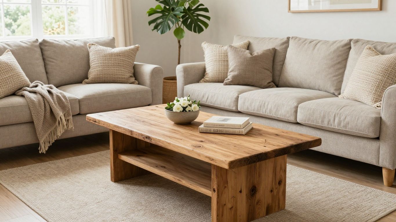 Modern cottage living room with neutral sofa and floral accents.