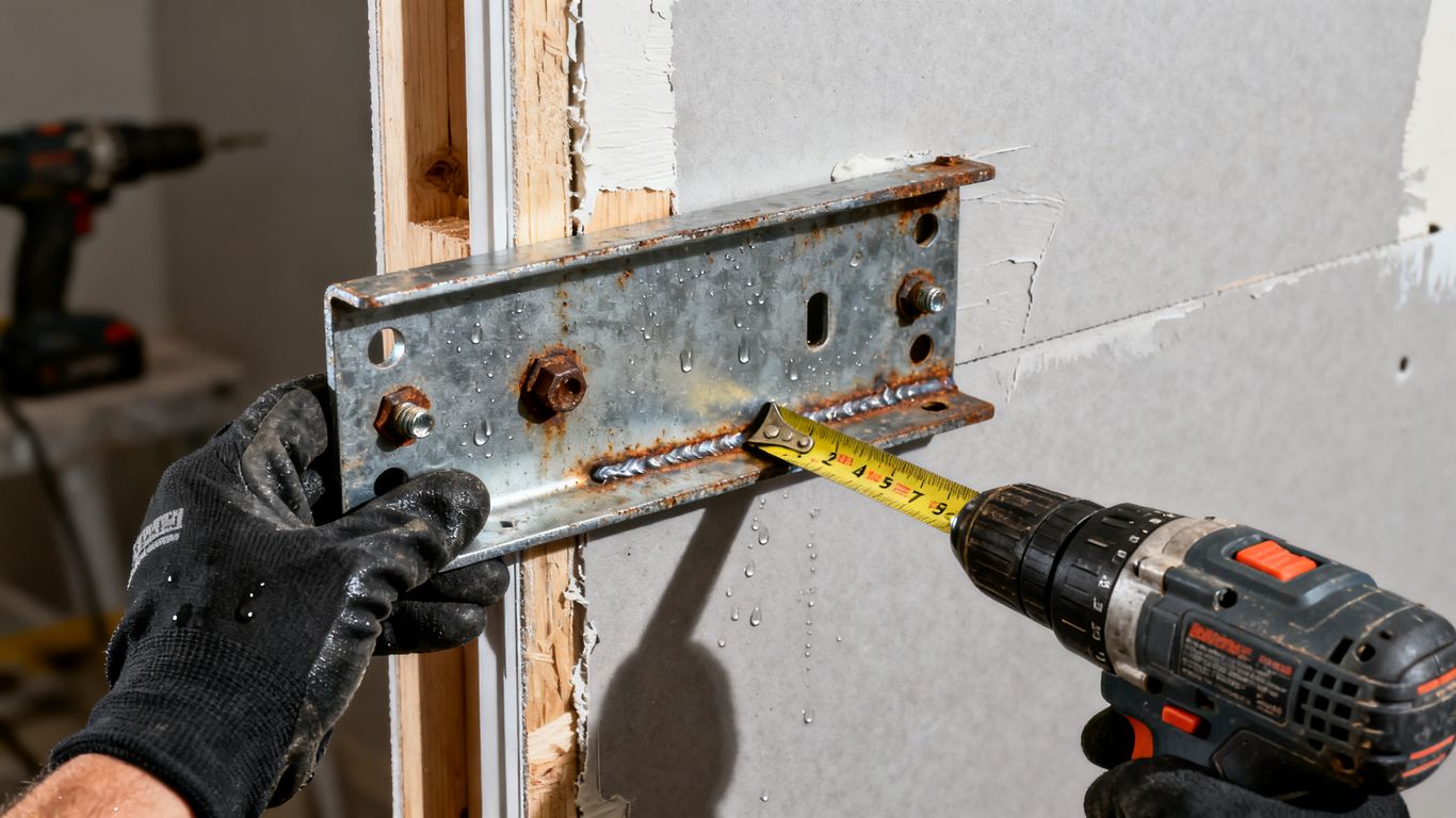 A technician securing a mounting bracket for a dehumidifier