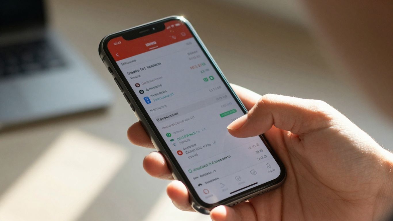 Hand holding smartphone with trading app open.