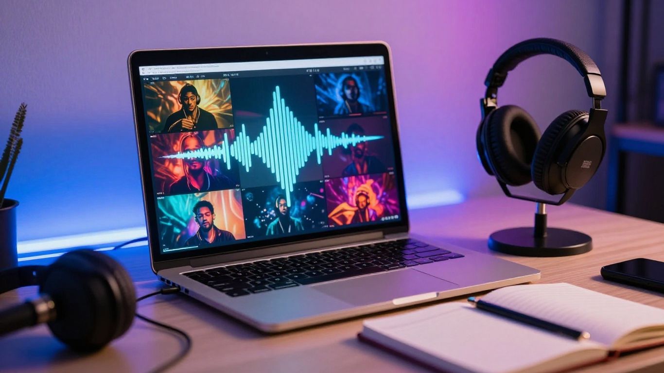 AI music creator arranging colorful video scenes