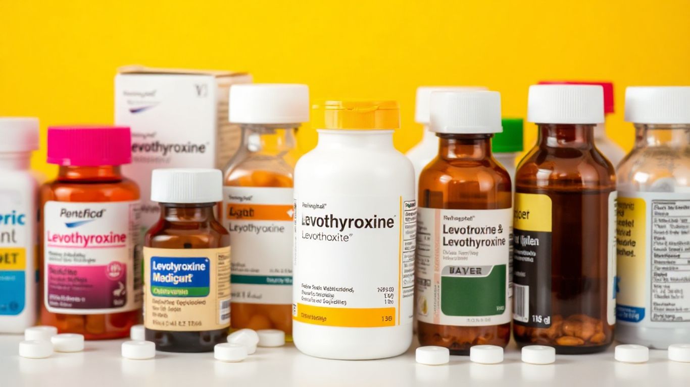 Levothyroxine medication bottles and packaging from multiple manufacturers.