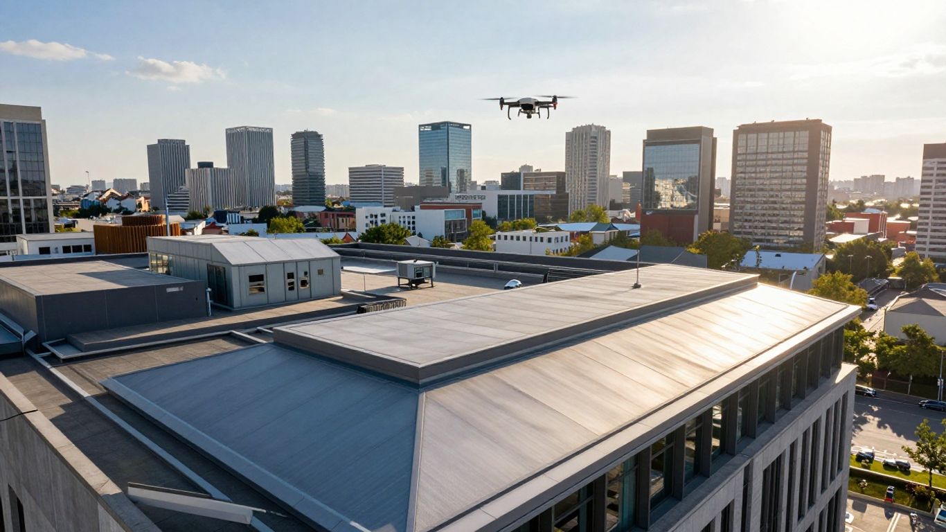 Modern rooftop with innovative materials and cityscape background.