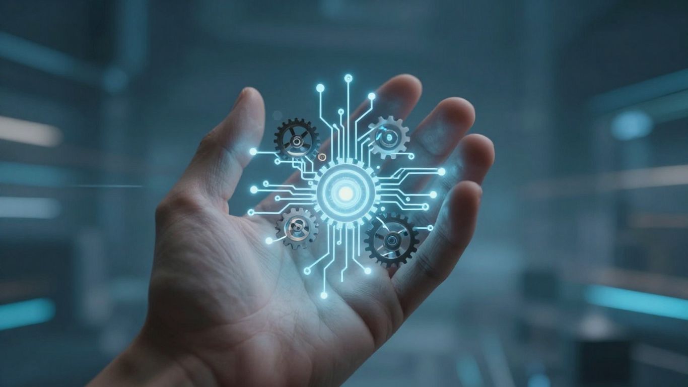 Hand holding glowing circuits and gears