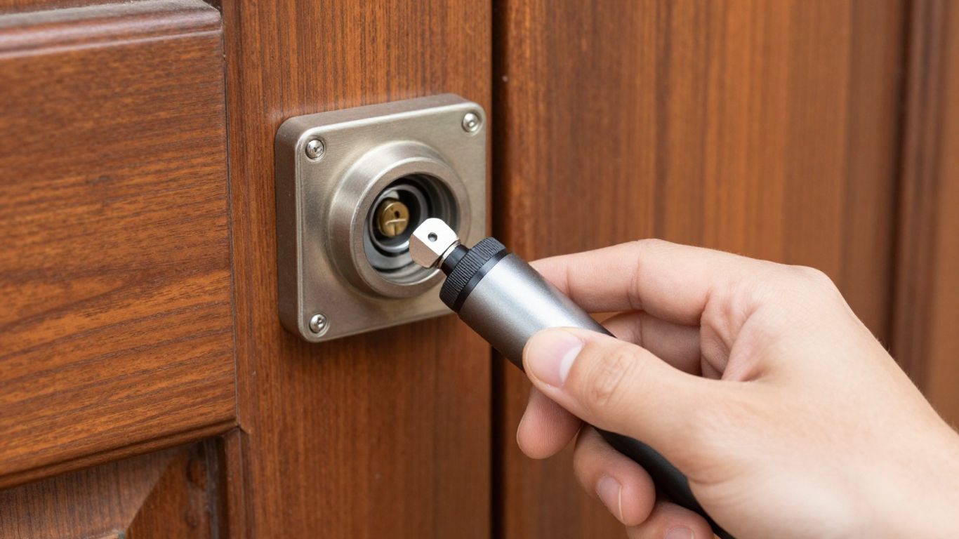 Locksmith examining a modern residential door lock