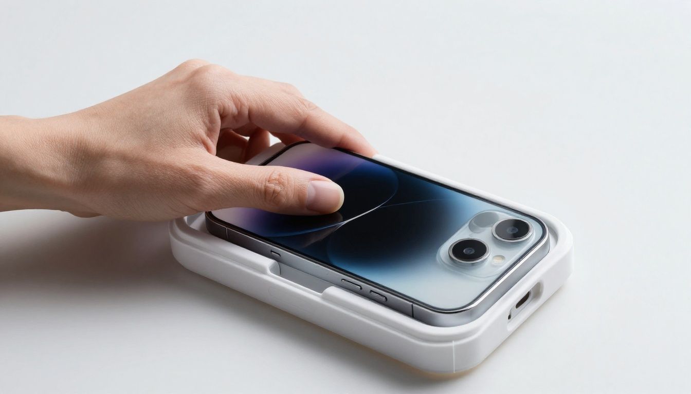 A person carefully placing their iPhone 15 into a protective case, with a clean, modern background.