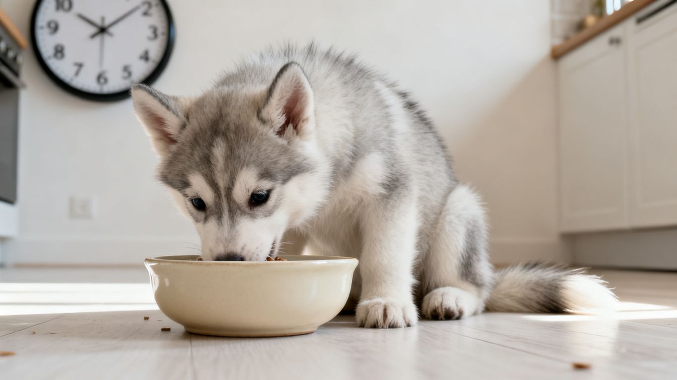 Young puppy eating from bowl beside clock