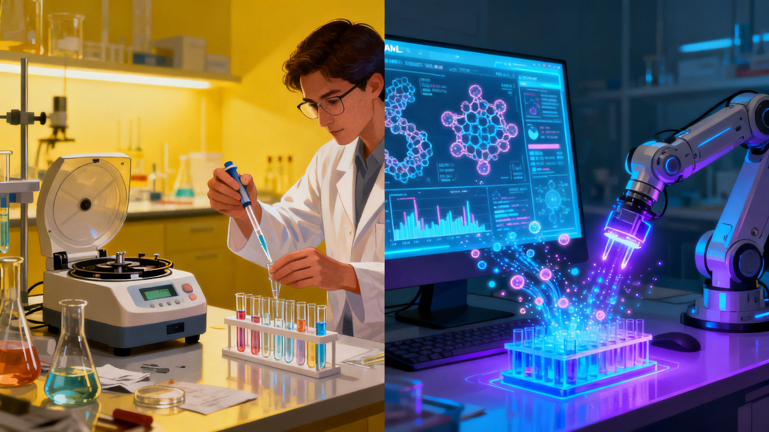 A split-screen image showing a slow, manual lab process on one side and a fast, automated AI data analysis on the other, illustrating the speed of AI/ML antibody design.