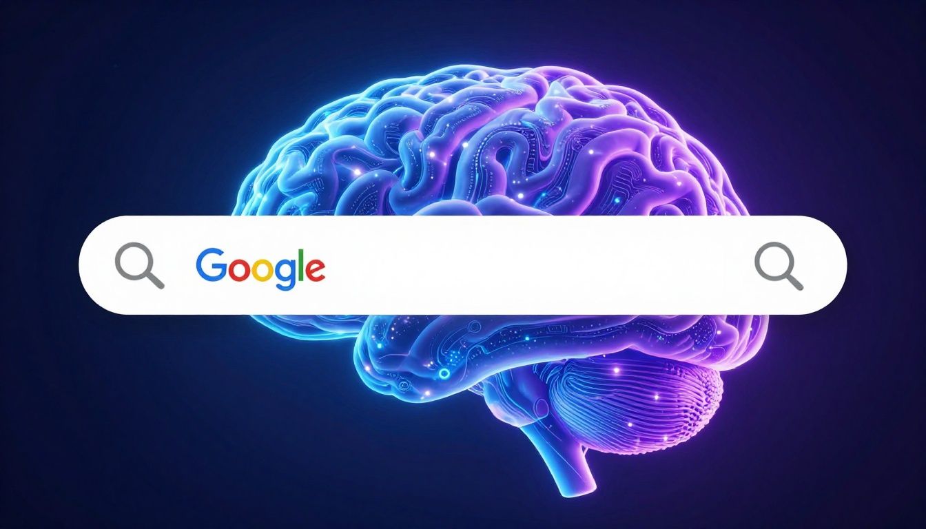 Google search transforming into a glowing 3D brain of data.