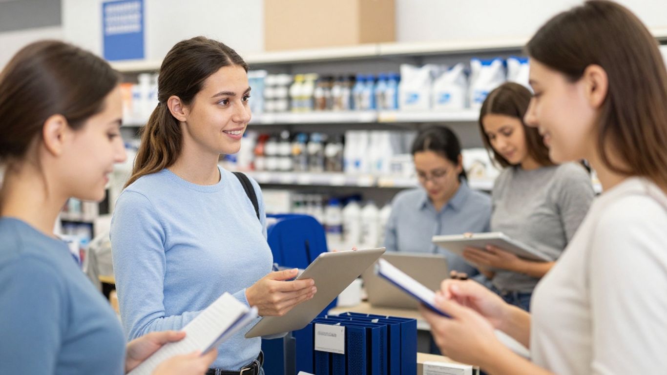 Einzelhandelsmitarbeiter im Kundengespräch und bei der Arbeit.