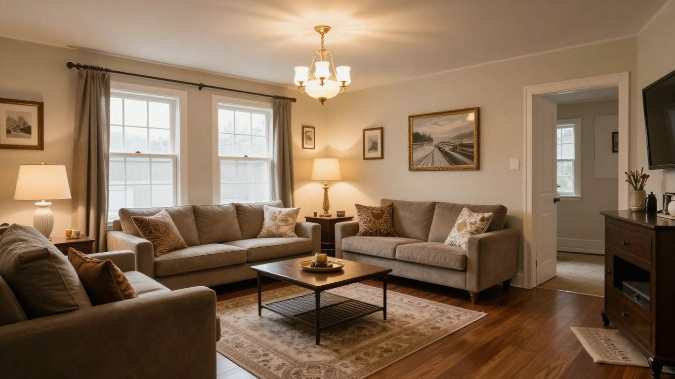 Finished basement room with seating and warm lighting.