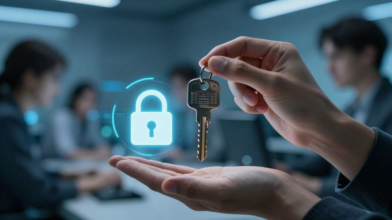 Digital key unlocking a glowing padlock, people working in background.