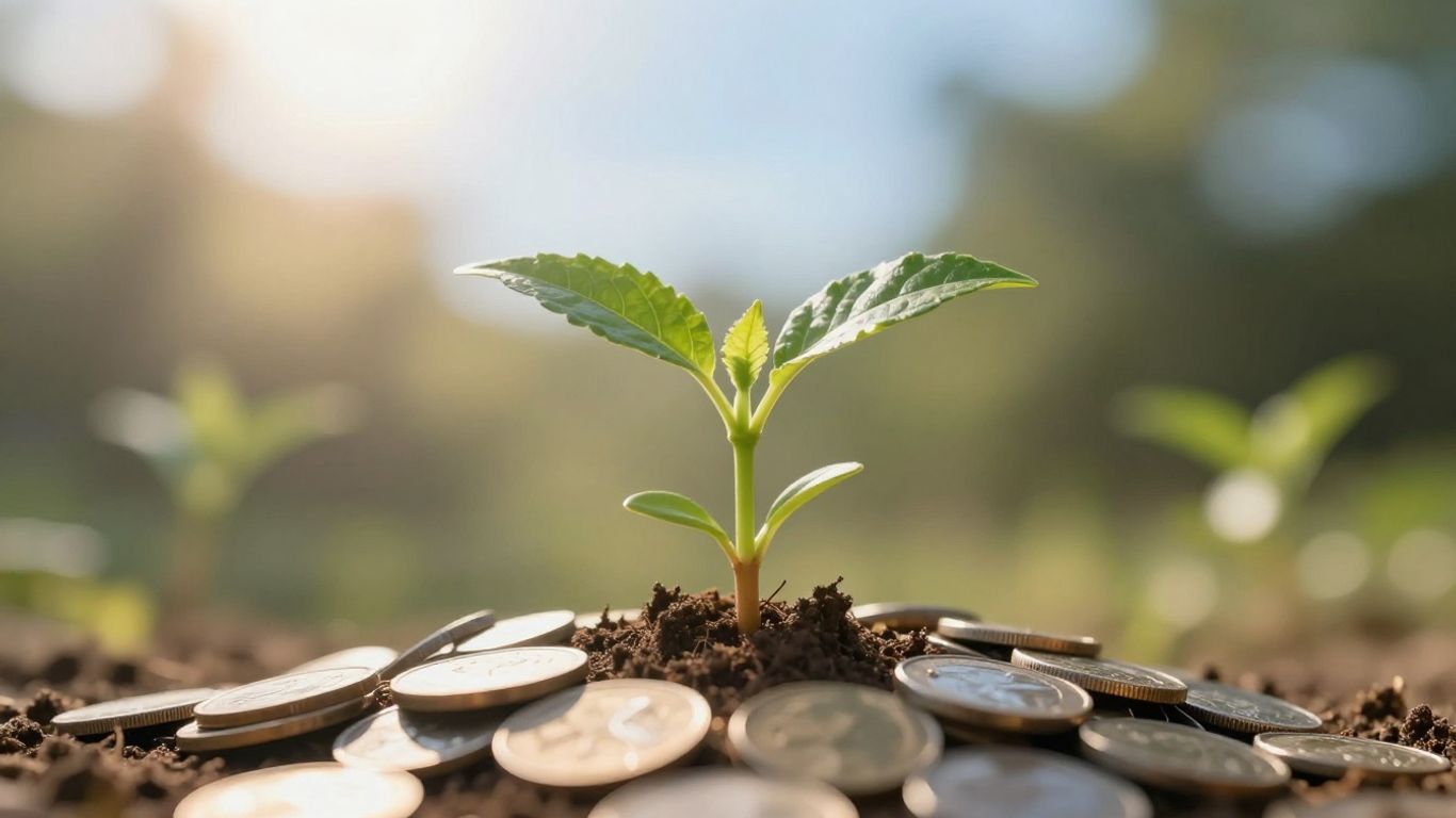 Plant growing from coins, symbolizing business growth.
