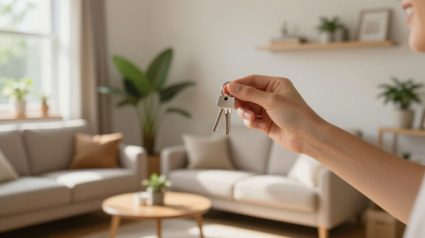 Persona feliz con llaves frente a un apartamento.