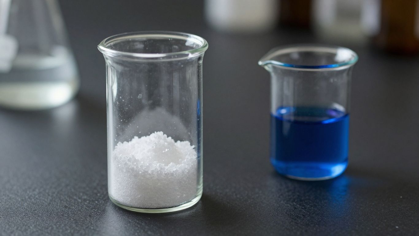 Crystals and blue liquid, chemical substances