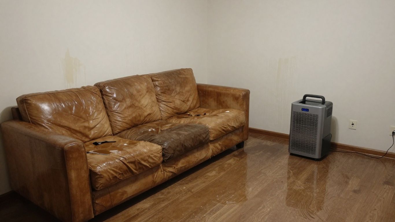 Water damage in a living room with wet furniture and carpet.