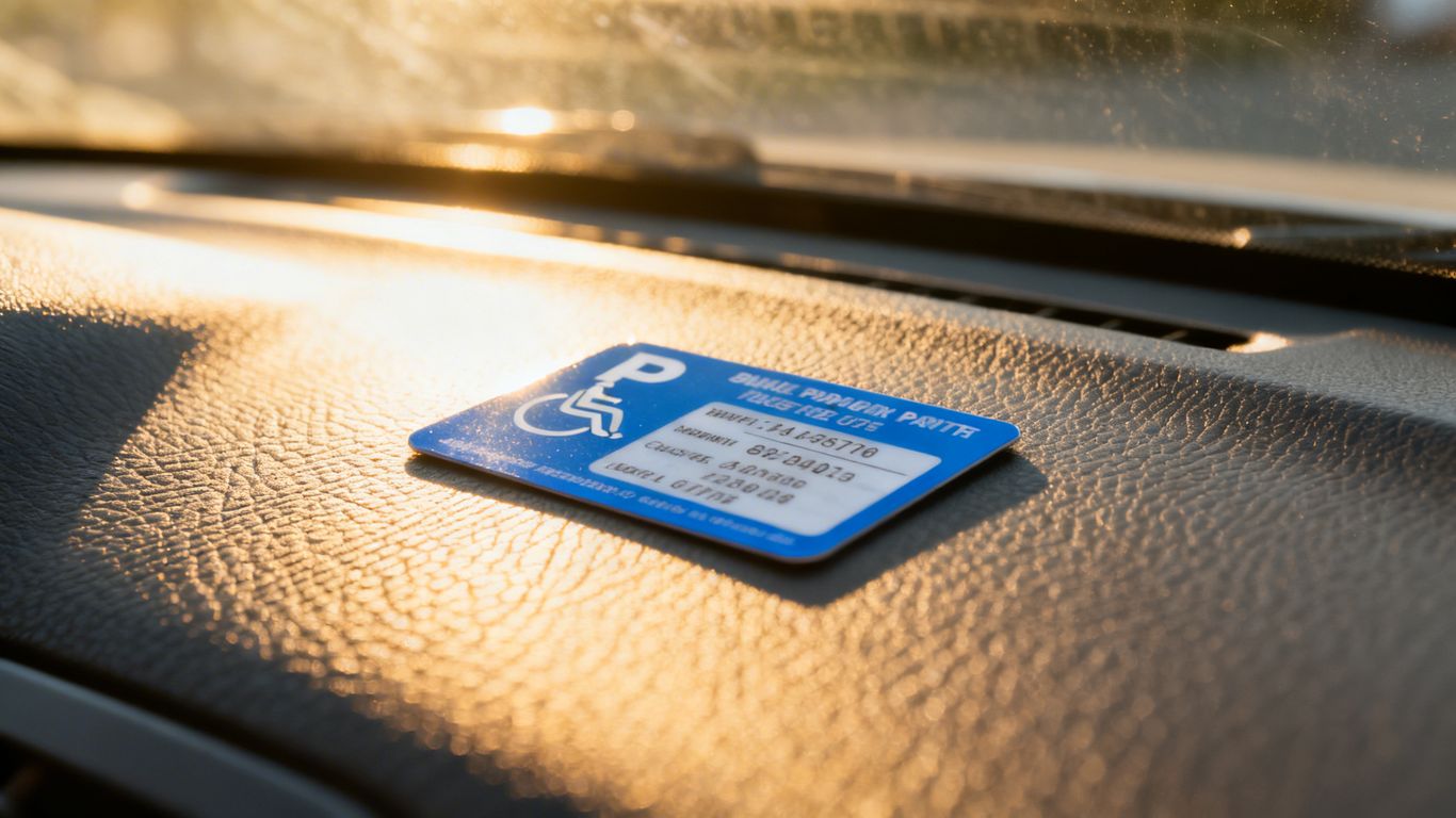 Disability parking permit on a car dashboard.