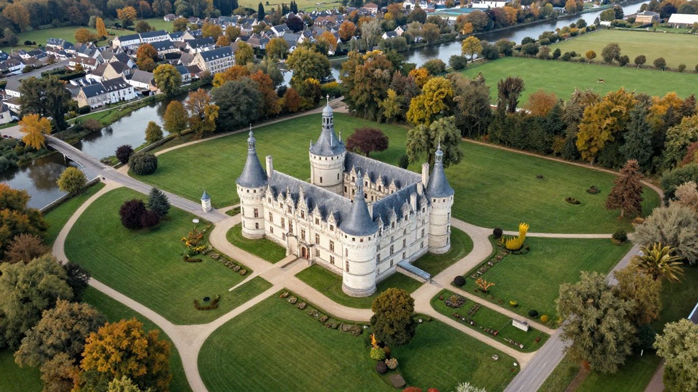 Aerial view of Loire château and wooded grounds